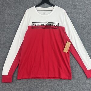 True Religion T-Shirt Mens XXL Red White Colorblock Long Sleeve Cotton Logo NWT